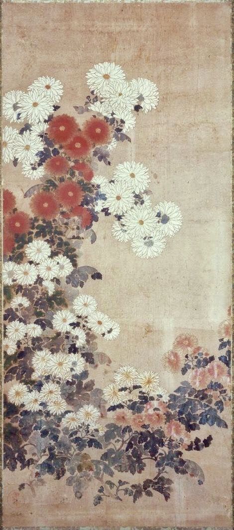 Chrysanthemums. Tawaraya Sotatsu (俵屋宗達). Japanese hanging scroll. Rinpa School. Edo Period. 17thC(mid)-19thC(mid). British Museum. Rinpa School, Ethereal Core, Japan Restaurant, Chrysanthemum Painting, Japanese Culture Art, Japanese Paintings, Japanese Chrysanthemum, Asian Artwork, Folk Painting