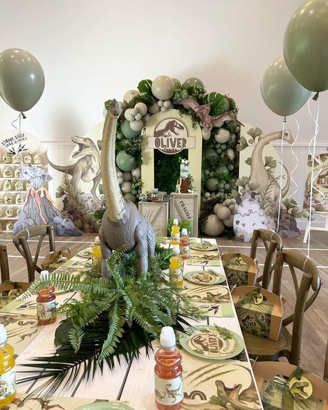 A Dinosaur Themed Birthday Bash 🦖 Happy 5th birthday to Oliver! We had great fun creating this dinosaur-themed party. Featuring a tiny… | Instagram 5 Dinosaur Birthday, Dinosaur Dinner Party, Three Rex Bday Party, Dinosaur Safari Birthday Party, Dinosaur Beach Birthday Party, Prehistoric Birthday Party, Colorful Dinosaur Birthday Party, Dinosaur Birthday Theme Decorations, Dinosaur Fourth Birthday Party