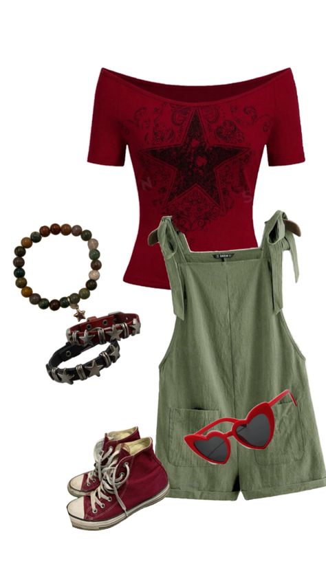 #overalls #green #red Green Overall Outfit, Summery Outfits, Overall Outfit, Overalls, Green, Red