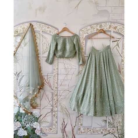 Heavy Lengha, Sage Green Lehenga, Indian Skirt And Top, Lucknowi Chikankari Lehenga, Green Lehenga Choli, Chikankari Lehenga, Kids Lehenga Choli, Desi Outfits, Indian Skirt