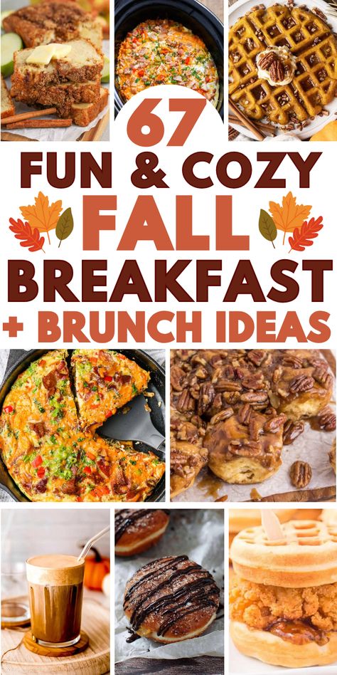 Fall breakfast foods and autumn brunch ideas including savory hearty make ahead breakfast casseroles, morning dessert treats, healthy oatmeal, and fall breakfast board recipes. Breakfast Breads Easy Brunch Recipes, Fall Breakfast For A Crowd, Seasonal Breakfast Ideas, Brunch Fall Ideas, Breakfast Arrangement Ideas, Good Brunch Ideas, Fall Breakfast Brunch Ideas, Brunch Crockpot Ideas, Brunch Casserole Ideas