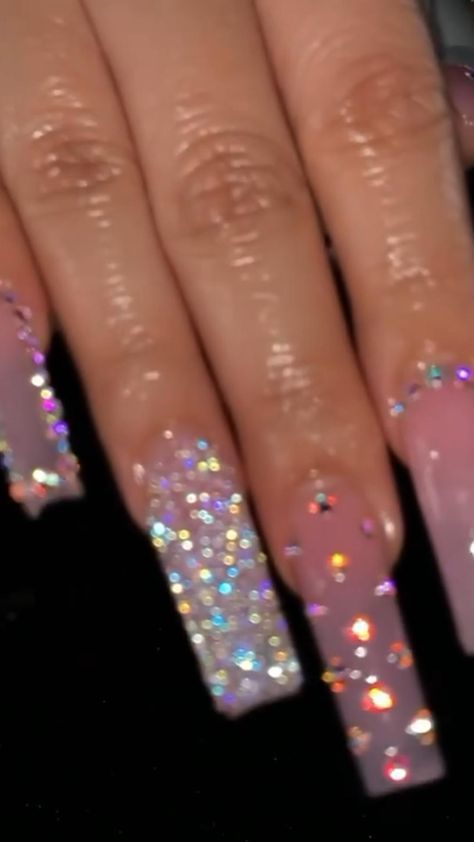 2023 Birthday Nails, Baddie Nails For Birthday, Pink Sparkly Birthday Nails, Full Glitter Acrylic Nails, Sahlt Nails, Clear Pink Acrylic Nails With Diamonds, 21st Birthday Ideas Nails, Baddie Nails Square Long, Pixie Dust Nails Acrylic