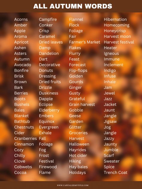 Autumn Usernames, Fall Adjectives, Pumpkin Names, Autumn Names, Fall Names, Pictures To Describe, Autumn Name, Autumn Words, Latin Root Words