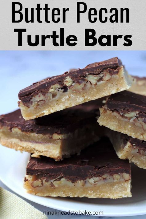 These butter pecan turtle bars feature a sweet shortbread crust, a layer of rich caramel  topping, and crunchy pecans. Topped off with a generous layer of semisweet chocolate, these bars are an irresistible treat that you’ll want to make again and again. Pecan Turtle Bars, Turtle Cookie Bars, Turtle Bars, Cake Bars Recipe, Pecan Turtles, Chocolate Chip Walnut Cookies, Dessert Squares, Lemon Brownies, Fall Baking Recipes