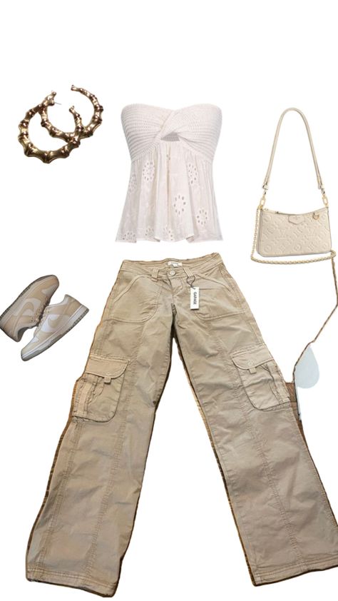 cargos, tube top, gold jewerly, beige dunks Beige Cargo Bottoms, Spring Cream Cargo Bottoms, Beige Cargos Black Top, Beige Baggy Cargo Jeans, White And Beige Outfit, Baggy Beige Cotton Cargo Jeans, Cargo Outfits, Beige Cargo, Vacation Fits