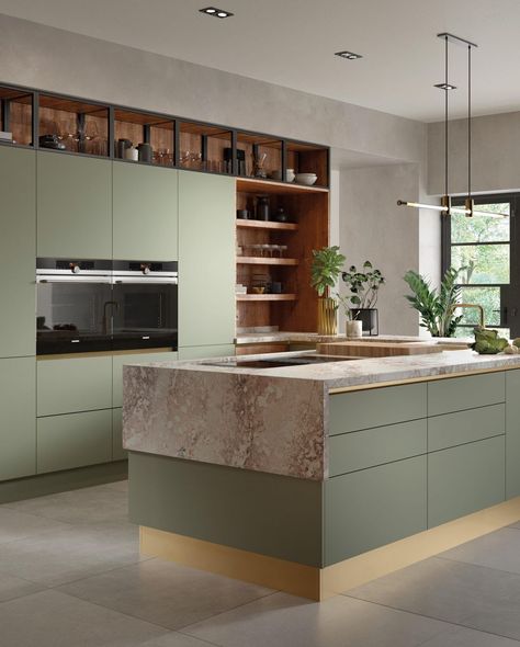 Kitchen island ideas - mint green island Green Kitchens, Sage Green Kitchen, Handleless Kitchen, Small Kitchen Island, London Kitchen, Modern Kitchen Island, Life Kitchen, Kitchen Island With Seating, Kitchen Images