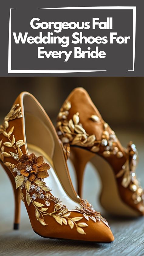 A pair of gorgeous fall wedding shoes featuring warm tones and elegant details, perfect for brides looking for comfort and style on their special day. Autumn Wedding Shoes, Fall Wedding Shoes For Bride, Wedding Shoe Ideas, Wedding Shoes Elegant, Fall Wedding Shoes, Dream Wedding Shoes, Fall Wedding Style, Autumn Bride, Shoes Elegant