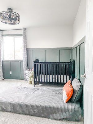 Green Board & Batten in a Toddler RoomColor is "woodland lichen" by sherwin williams Materials- Hardboard Panel (backerboard)- 1x12 for headers/baseboards (we used pre primed)- 1x3 for batten (pre primed)- nail gun- caulk- wood/nail filler- foam rollers- paint brush for tight areas- paint- primer (I use kilz all purpose)- paint tape- patience- liquid nails if you choose to use it- miter saw Before To start this rooms board and batten I needed to paint the upper portion of t… Woodland Lichen Sherwin Williams, Toddler Room Makeover, Green Board And Batten, Boy Room Makeover, Toddler Boy Room, Green Board, Bunk Beds Built In, Board Batten, Built In Bunks