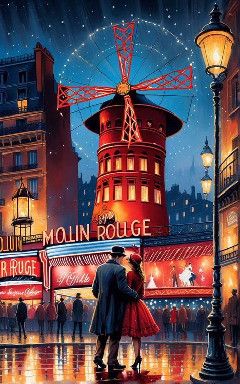 Close up of a couple stand before the famous Moulin Rouge i... by K. Ingrid - Playground Moulin Rouge Paris, Paris Wallpaper, Design Fails, Image 3d, Fantasy Pictures, Art Deco Posters, Cinema Posters, Poster Artwork, Retro Illustration