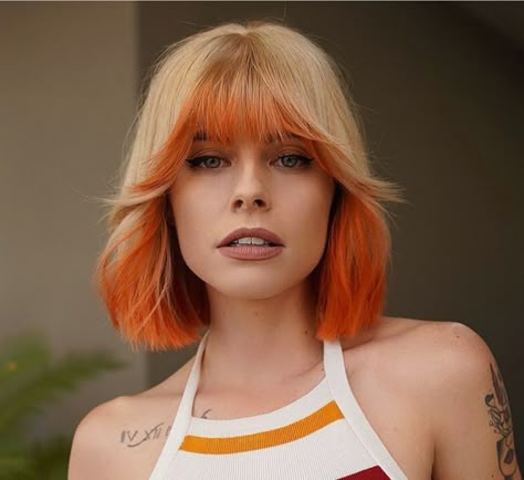 Orange Ends Hair, Blonde Hair With Orange Tips, Orange Creamsicle Hair, Bright Hair Colors Short, Blonde And Orange Hair, Orange And White Hair, Orange And Blonde Hair, Fun Haircolor, Bright Orange Hair