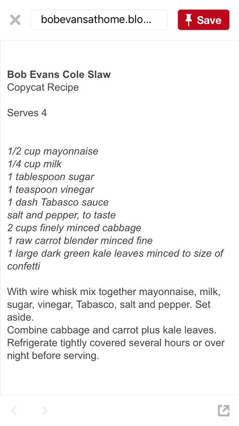 Bob Evans Coleslaw Recipe, Ruth Chris, Bob Evans, Green Kale, Coleslaw Recipe Easy, Kale Leaves, Raw Carrots, Tabasco Sauce, Zucchini Chips