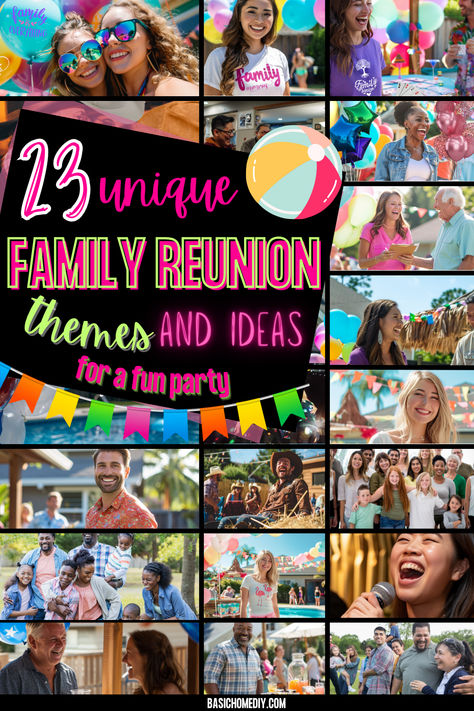 23 unique family reunion themes and ideas for a fun party. Perfect for any family event, our family reunion theme ideas include decoration tips, fun outdoor games, and party design ideas. Host a summer party with family reunion photo booths, a family BBQ cook-off, or a wild Western family reunion. Enjoy a magic theme, a fiesta, or a Hawaiian luau family reunion theme. Personalize the event with custom family shirts and plan fun activities like family trivia, a glow party, or a talent show. Family Cookout Themes, Family Reunion Banquet Decorations, Family Reunion Party Ideas, Fun Family Reunion Ideas, Friend Reunion Ideas, Family Reunion Decorating Ideas Easy Diy, Themes For Family Reunions, Theme Nights For Family Vacation, Family Reunion Picture Ideas