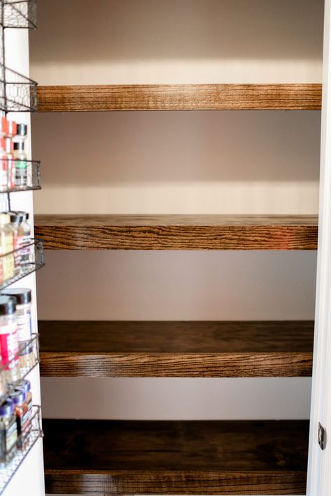 Wood Shelves Kitchen Pantry, Dark Wood Pantry Shelves, Small Pantry Wood Shelving Ideas, Diy Wooden Pantry Shelves, Replacing Pantry Shelves, Simple Shelves Ideas, Faux Wood Pantry Shelves, Contact Paper For Pantry Shelves, Wood Shelving Pantry