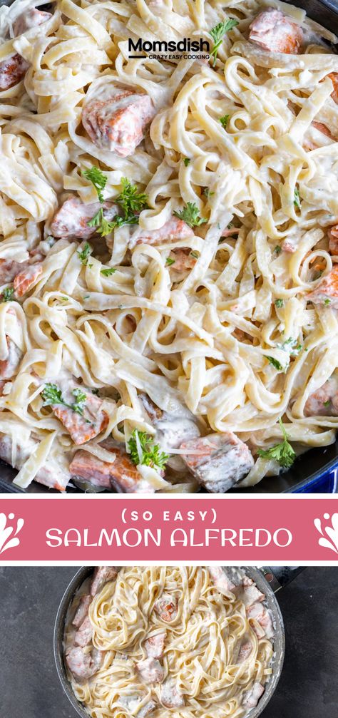 Crispy salmon cubes, fettuccine noodles, and a homemade cream sauce come together in this salmon fettuccine Alfredo. It's lusciously rich and indulgent — you'll love every bite! Best Alfredo Pasta Recipe, Salmon Fettuccine, Salmon Cubes, Salmon Alfredo, Salmon Stir Fry, Crispy Salmon, Cozy Fall Recipes, Fettuccine Noodles, Broccoli Alfredo