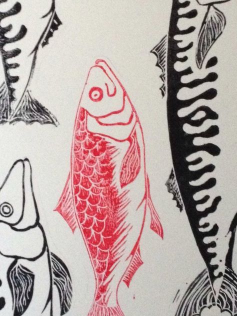 Red Herring Tattoo, Herring Tattoo, Herring Fish, Lino Prints, Red Herring, Red Snapper, Ap Art, Lino Print, Hand Coloring