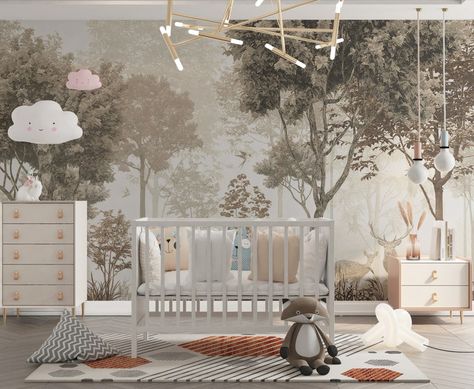 Pastel Color Tree Forest Child Room Wallpaper Tree Forest - Etsy Denmark Forest Wall Decals, Wallpaper Walls Bedroom, Forest Nursery Decor, Deer Decal, Lotus Wallpaper, Kindergarten Wallpaper, Baby Room Wall Decor, Woodland Deer, Forest Nursery