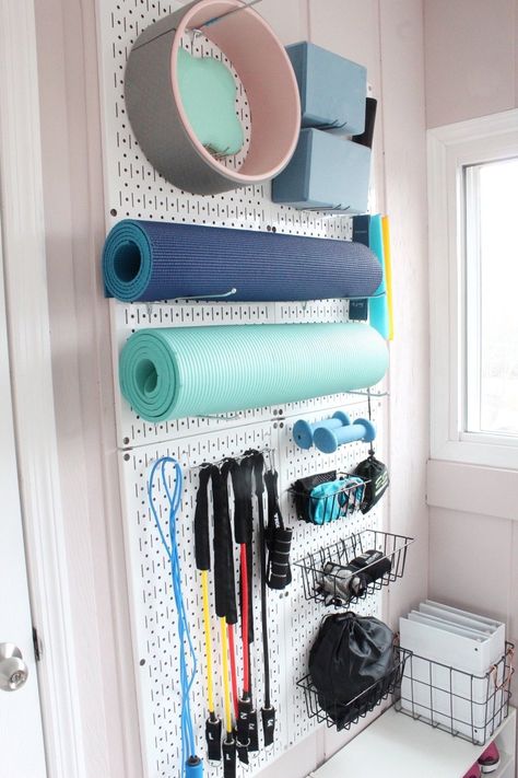 Set Up A Small Home Gym On A Budget - Organized-ish by Lela Burris Gym Makeover, Small Home Gyms, Home Gym On A Budget, Basement Decoration, Small Home Gym, Pegboard Storage, Workout Room Home, Home Gym Garage, Mini Gym