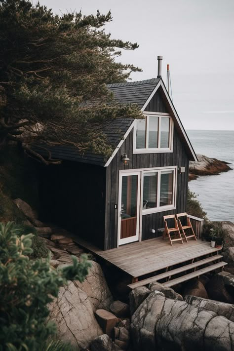 aesthetic luxury cabin near sea Pnw Beach House, Beach Cabin Aesthetic, Home Near Sea, Small Cabin Aesthetic, Cabin On Water, Seaside Cottage Aesthetic, Ocean Cabin, Cabin By The Sea, Pnw Cabin