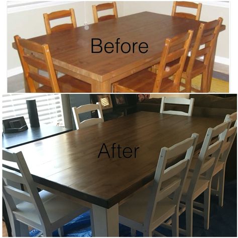 DIY dining table Restrain Kitchen Table, Repainted Dining Room Table, Repaint Dining Table, Painted Dinner Table Ideas, Refurbish Kitchen Table, Flip Dining Table, Refurbished Kitchen Tables, Refurbished Coffee Tables, Painted Dining Room Table