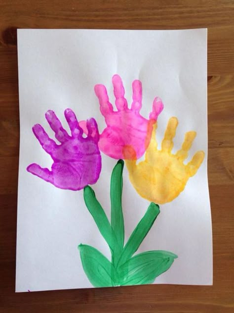 20+ Fun Fingerpainting Ideas & Crafts For Kids | momooze Handprint Flowers, Crafts For Kids, For Kids, Flowers, Green, Pink