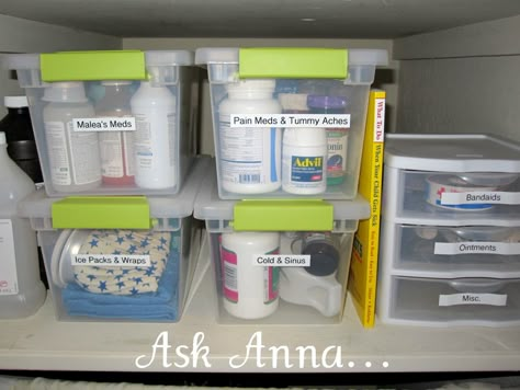 How To Organize Your Bathroom. This is exactly what's going on under my master bath sink. Boxes that I refer to as the "sicky box" with OTC tummy and pain items, icy hot packs, etc; "mani/pedi box" with nippers, moisturizers, polishes, emory boards, those random little samples and gifts with purchase. You get the idea. Organized Medicine, Medicine Cabinet Organization, Dollar Store Diy Organization, Medicine Organization, Organizing Hacks, Organisation Hacks, Dollar Store Organizing, Organized Chaos, Medicine Bottles