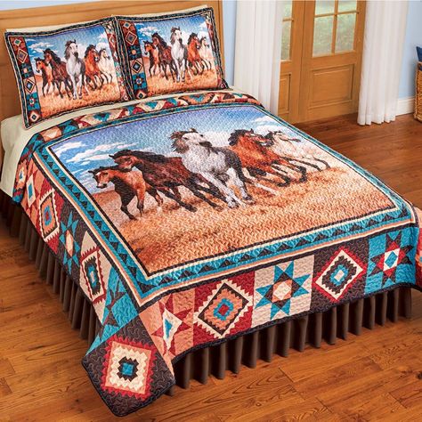 Burgundy And Turquoise, Unique Comforters, Southwest Colors, Horse Quilt, Cotton Quilt Set, Reversible Comforter, Running Horses, Twin Comforter, Collections Etc