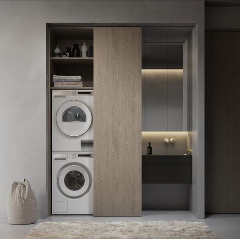 Narrow Closet, Washing Machine And Dryer, Laundry Appliances, Metal Panels, Laundry Room Design, Washer And Dryer, Tumble Dryer, Sliding Doors, Logic