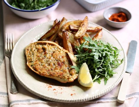 Parmesan Potted Crab & Chips Recipe | Abel & Cole Dressed Crab Recipes, Rocket Salad, Parsley Potatoes, Bbc Food, Crab Recipes, Chips Recipe, Cayenne Pepper, British Food, Fish And Seafood