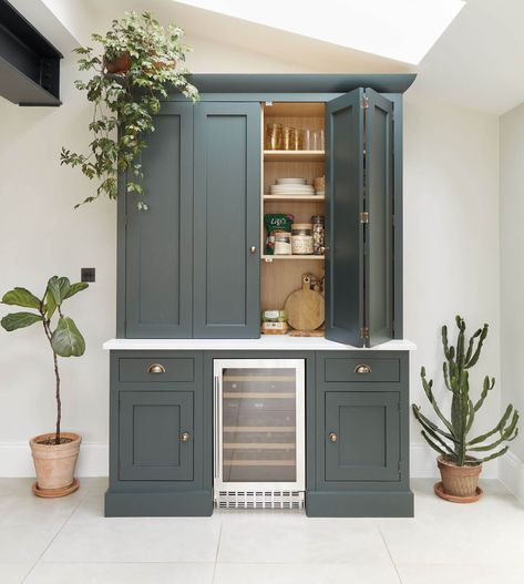 Dark Green Shaker Kitchen | Fitted Kitchens | Tom Howley Green Shaker Kitchen, Tom Howley Kitchens, Tom Howley, Shaker Style Cabinet Doors, Pantry Cupboard, Pantry Shelving, Shaker Style Doors, Contemporary Kitchen Design, Pantry Door