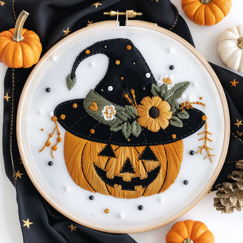 This hand embroidery pattern features a jack-o'-lantern with a witch hat 🎃🧙, perfect for Halloween. Let’s stitch this intricate design using an embroidery hoop. Instant download pattern available for your stitching pleasure. #HalloweenEmbroidery #JackOLantern #WitchHatEmbroidery #DIYEmbroidery #EmbroideryPattern Witch Hat Embroidery, Halloween Embroidery Patterns Free, Pattern Wall Art, Halloween Embroidery Designs, Wall Art Diy, Halloween Embroidery, Hat Embroidery, Halloween Jack, Pattern Wall