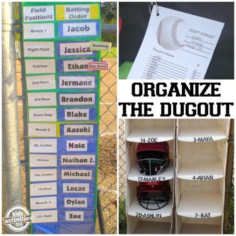 Organize Dugout Tball Coach, Dugout Mom, Softball Dugout, Softball Team Mom, Baseball Lineup, Baseball Snacks, Team Mom Baseball, Baseball Dugout, Baseball Team Gift