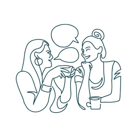 Continuous line drawing of two women drinking coffee in a restaurant. Two happy girls chatting, laughing and talking. Two lady having a conversation. Vector one line illustration. Drawing Of Women, Women Drinking, Travel Agency Logo, Women Talking, Bestie Tattoo, Coffee Illustration, Two Ladies, Women Talk, Continuous Line Drawing