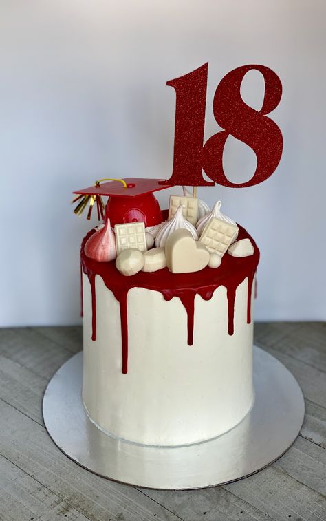 Red and white drip cake White Cake Red Drip, 18th Birthday Cake Red And White, Red And White Cake For Men, Red And White Cake Design Birthday, Red Graduation Cakes, Red Velvet Drip Cake, White And Red Cake Birthdays, Red And White Graduation Cake, White And Red Birthday Cake