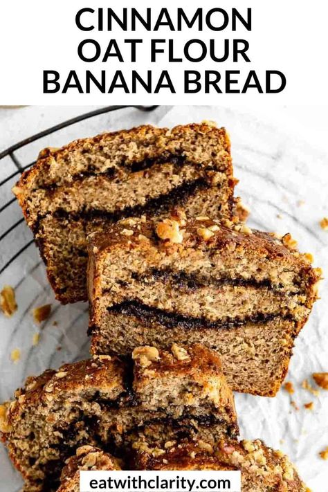 This gluten free oat flour banana bread is healthy, easy to make, dairy free and perfect for a simple snack, breakfast or healthy dessert. This banana bread is filled with a cinnamon swirl and is made in one bowl. Oat Flour Banana Bread, Apple Banana Bread, Fluffy Gluten Free Pancakes, Homemade Crackers Recipe, Time Saving Tips, Healthy Flour, Dairy Free Pasta, Flours Banana Bread, Grain Free Desserts