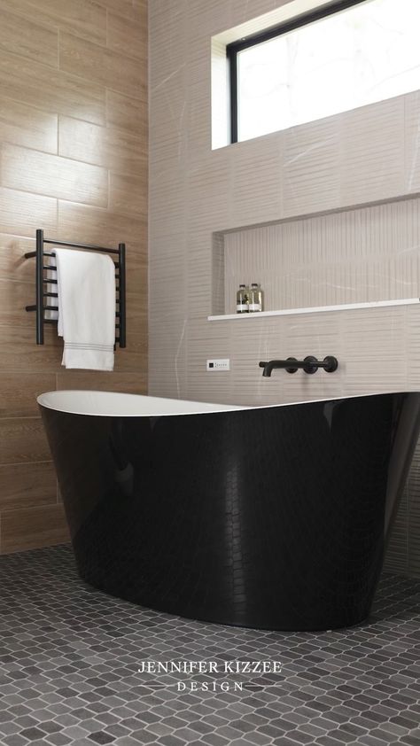 jenniferkizzeedesign on Instagram: This modern bath remodel was the perfect opportunity to incorporate striking black accents, our favorites being the soaking air tub and… Black Tub, Standing Tub, Air Tub, Best Bathroom Designs, Modern Baths, Bathroom Designs, Tile Ideas, Bath Remodel, Soaking Tub