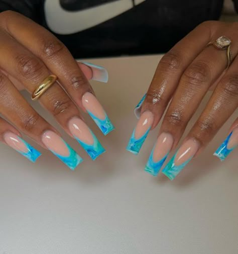 Blue And Teal Nail Designs, Deep French Nail Designs, Turquoise And Blue Nails, Tiffany Blue French Tip Nails, Nail Designs Summer Blue, Tourquise Nails Design, Teal Tip Nails, Blue And Teal Nails, Purple And Turquoise Nails