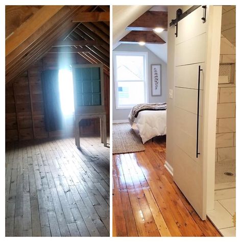 The Rehab Life on Instagram: “Before and after of the converted attic space at our Kenny remodel! If you like that modern barn door head over to our YouTube channel for…” Attic Remodel On A Budget, Attic Addition, Converted Attic Space, Converted Attic, Farmhouse Attic, Cottage Addition, Attic Master Suite, Stairs House, Door Head