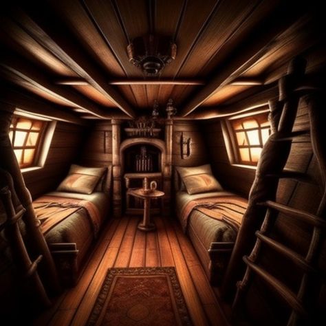 Pirate Ship Cabin Bedroom, Pirate Cabin Aesthetic, Pirate Ship Crew Quarters, Pirate Ship Aesthetic Interior, Captains Quarters Bedroom, Fantasy Ship Interior, Ship Cabin Bedroom, Pirate Aesthetic Room, Ship Interior Concept Art