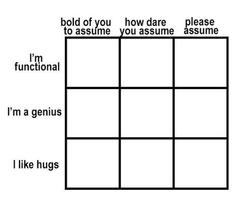 bold of you to assume i’m a genius. how dare you assume i like hugs. please assume i’m functional. Template Meme, Personality Chart, Funny Charts, Drawing Meme, Blank Memes, Character Sheet Template, Character Template, Drawing Prompt, When You Sleep