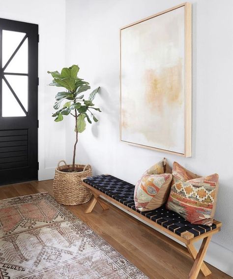 Art In Entryway, Bench Hallway Entrance, Artsy Entryway, Entry Way Bench Styling, Large Entrance Hall Ideas, Long Entryway Ideas, Small Entry Way Ideas, Entryway Bench Decor, Stylish Entryway