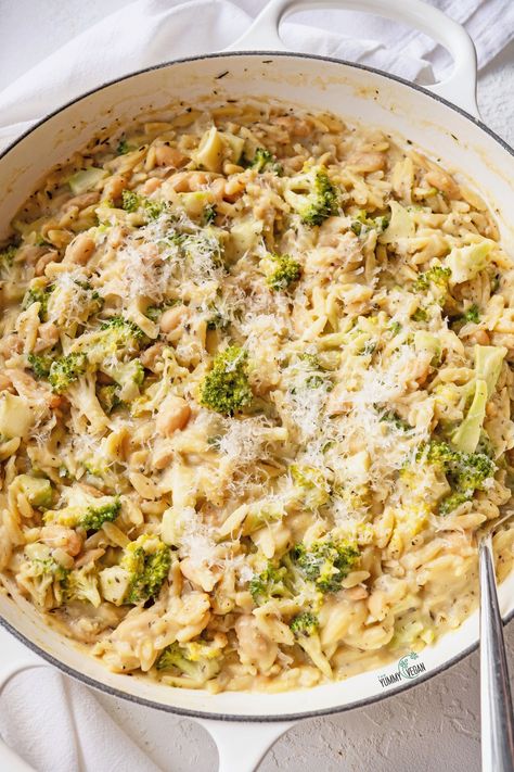 Broccoli Cheese Orzo and Beans — The Yummy Vegan Tofu Orzo Recipes, Tofu Orzo, Broccoli Cheese Orzo, Cheese Orzo, Vegan Orzo, One Pot Orzo, Grain Dishes, Orzo Dishes, Vegan Cheddar Cheese