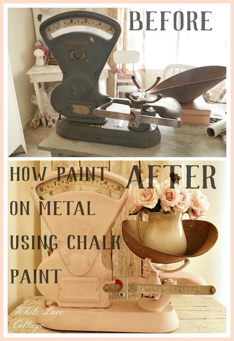 Did you know that you could paint on metal using chalk paint? Don't pass up a thrifty find because the color is all wrong, just paint it! www.whitelacecottage.com Chalk Paint On Metal, Painting Over Paneling, Eggshell Paint Finish, Old Scale, Paint On Metal, Interior Paint Finishes, Satin Finish Paint, Vintage Scales, Reflection Painting