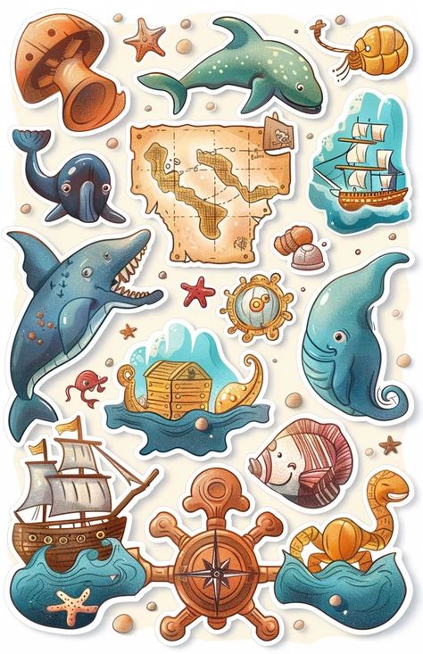 Midjourney AI Image: A set of cute cartoon stickers, vector graphics, pirate treasure map and sea creatures on a white ba... → more in ai-img-gen.com Pirate Stickers, Peta Pikiran, Cute Cartoon Stickers, Underwater Exploration, Light Beige Background, Bulletin Borders, Pirate Treasure Maps, Treasure Hunts, Pirate Art