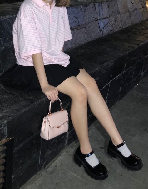 @staceyerinshih on ig //outfit ideas inspo inspiration pink cute skirt polo platform shoes maryjane shoes pink bag Maryjane Shoe Outfit Skirt, Maryjane Shoe Outfit, Maryjane Shoe Outfits, Ig Outfit Ideas, Maryjane Shoe, Platform Shoes Outfit, Mary Jane Shoes Outfit, Shoes Pink, Stella Mccartney Elyse