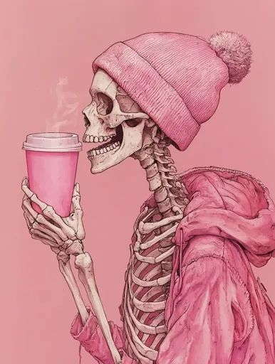 ↑↑↑ Larger size on website 🔸 A skeleton, wearing a pink beanie and a pink hoodie, holds a pink cup of coffee. Steam rises from th Coffee Steam, Pink Beanie, Pink Coffee, Pink Cups, Pink Beanies, The Skeleton, A Skeleton, Cellphone Wallpaper, Art Inspiration Drawing