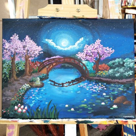 Japanese Acrylic Painting, Fantasy Canvas Painting, Flute Painting, Fantasy Acrylic Painting, Landscape Acrylic Painting, Color Drawing Art, Canvas Painting Tutorials, Panda Art, Canvas Painting Designs