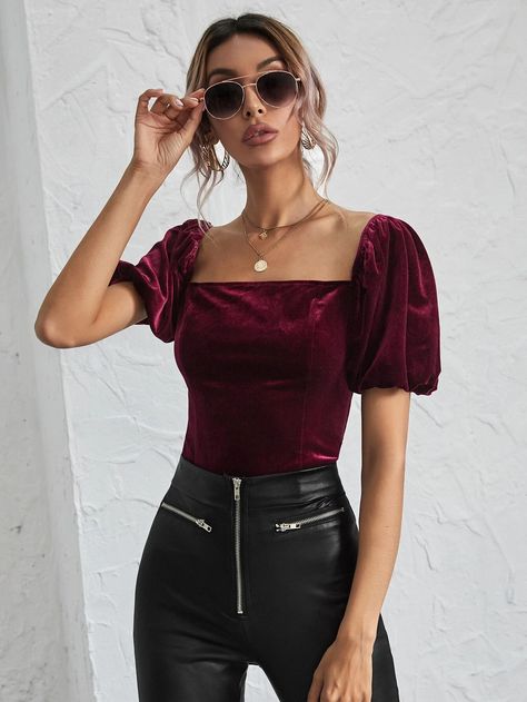 Festive Velvet Fitted Blouse Piece, Velvet Puff Sleeve, Puffy Sleeves Top, Fitted Velvet Crop Top, Fitted Cropped Velvet Top, Velvet Puff Sleeve Shirt, Outfits For Short Women, Velvet Bustier, Full Lace Front Wigs