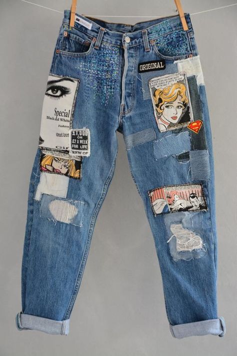 Redone Jeans, Denim Diy Clothes, Patched Denim Jeans, Unique Jeans, Reworked Clothing, Hipster Jeans, Diy Clothes Design, Custom Jeans, Personal Aesthetic