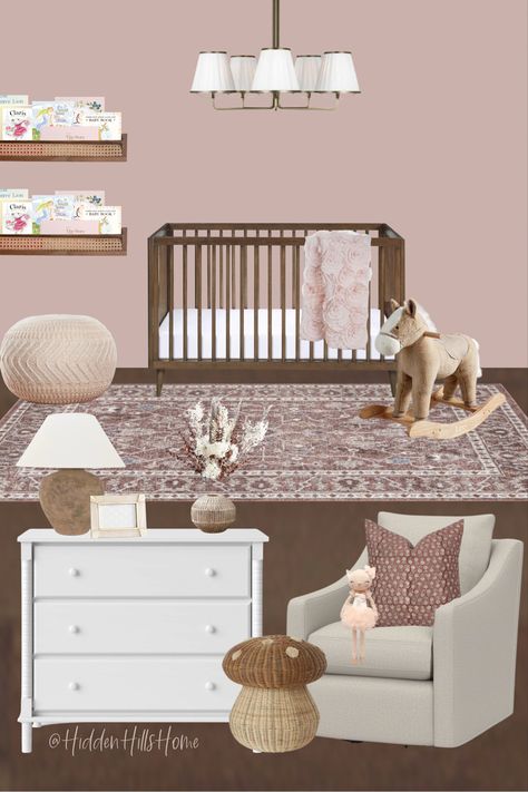 Girls nursery decor mood board with modern vintage decor! Pink, cream and brown tones throughout Dusty Pink And Grey Nursery, Mauve And Brown Nursery, Pink Crib Nursery Ideas, Dark Brown Crib Nursery Girl, Maybe Pink Nursery, Mauve Nursey Ideas, White And Brown Nursery Furniture, Pink And Maroon Nursery, Light Mauve Nursery