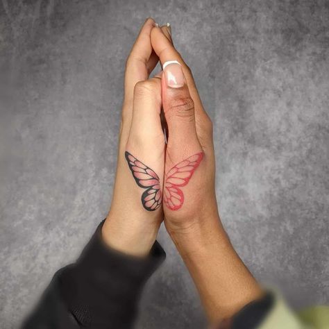 19 Unique And Beautiful Butterfly Tattoo Designs For Women His And Hers Butterfly Tattoos, His And Her Butterfly Tattoo, Butterfly Tattoo Couple, Couples Butterfly Tattoos, Matching Half Butterfly Tattoo, Twin Butterfly Tattoo, Best Friend Tattoos Hand, Fading Butterfly Tattoo, Couple Tattoos Butterfly